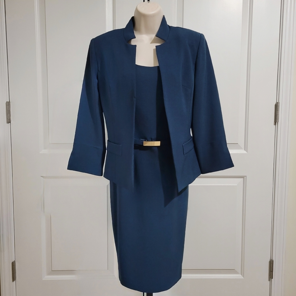 Jessica Howard 2 PCS Set Dark Blue Dress & Blazer with Removable Belt